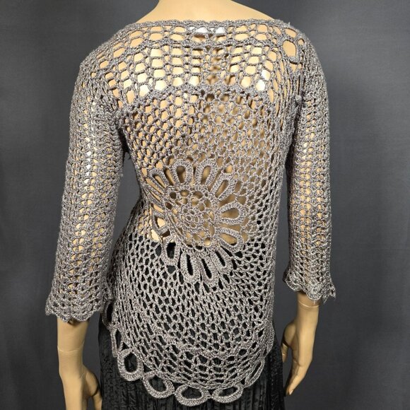 Vintage 90s Y2k grey Crochet Asymmetric Sweater Size M Boho Fairy Grunge - Picture 7 of 10